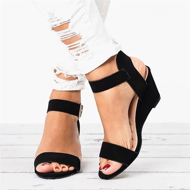 Fankiway Sandales pour Femmes Liquidation Sandales pour Femmes Couleur Unie Bout Rond Talon Compensé Boucle Suède Sandales Basses Chaussures Sandales à Enfiler pour Femmes