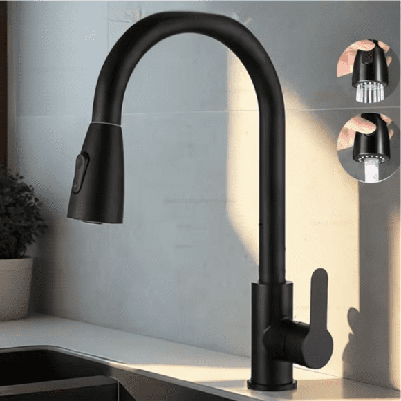 LivinVeluris Robinet de Cuisine Haut de Gamme Pivotant à 360° à Bec Rétractable avec Pulvérisateur, Robinet d'Évier en Acier Inoxydable, Robinet d'Eau de Cuisine Moderne à Haut Arc à Bec Rétractable