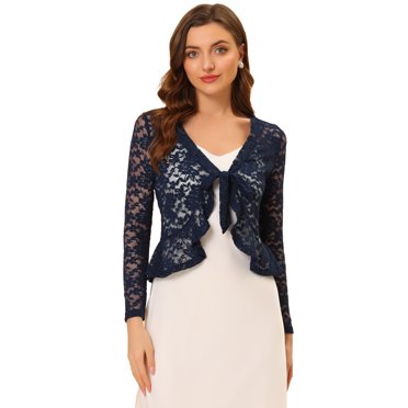 INSPIRE CHIC Cardigan Court en Dentelle Florale pour Femme, devant à Nouer, Ourlet à Volants, Boléro Transparent, m Bleu Foncé