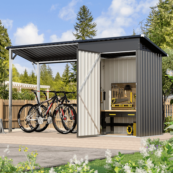AECOJOY Remise de Rangement Extérieure Ouverte sur les Côtés, Remises 3x5 et Rangement Extérieur avec 15 Pi2 Couverts, Petite Remise à Outils 5x3 2-en-1 avec Pergola-Gazebo en Métal à Toit Rigide Intégré