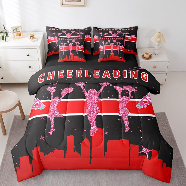 YST 7-Piece Cheerleader Comforter Set, Pink Glitter Stars Bedding, Lightweight, Full Size (7 Count)
