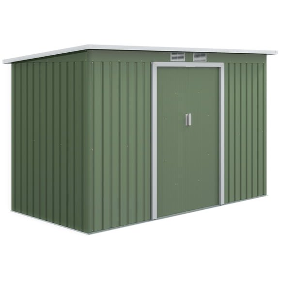 Outsunny 9' x 4' Metal Storage Shed, Garden Tool House with Floor Foundation, Double Sliding Doors, Air Vents for Backyard, Patio, Lawn, Green