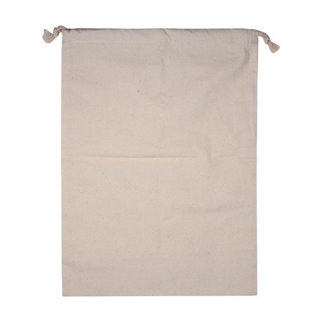FAGINEY Drawstring Storage Bag, a natural-colored cotton storage bag with a plain design, shown in a flat, front-facing view. Made of unbleached eco-friendly cotton, it features a drawstring closure with cord lock for secure fastening. Available in multiple sizes, this versatile bag is ideal for laundry, camping trips, storage, or as a hamper liner. Its large capacity helps save space and keeps your home organized.
