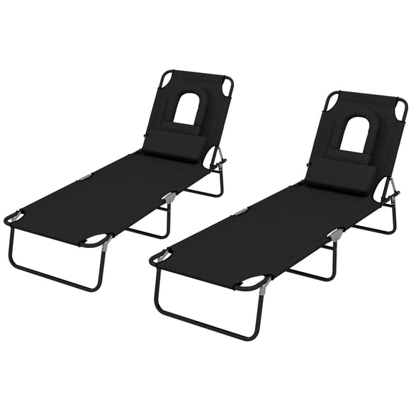CoSoTower 2PCS Adjustable Outdoor Lounge Chair, Garden Folding Chaise Lounge with Face Hole Reclining Tanning Chair Seat, Folding Camping Beach Lounging Bed w/ Head Support, Black