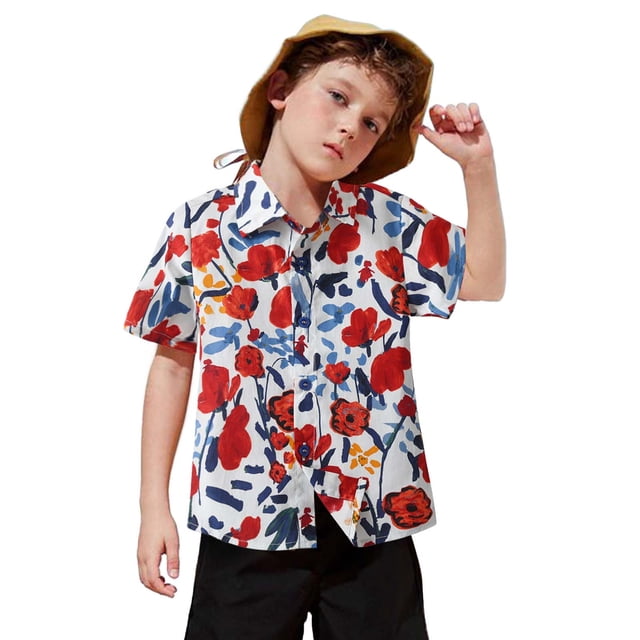 Chemises Garçons Été Plage Hawaïenne Florale Manches Courtes Décontracté Chemise à Col Rouge 6-7 Ans