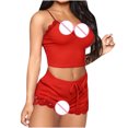 thumbnail image 4 of drppepioner Femmes Lingerie Aguichant Mode Pyjama Uni Sans Manches Dentelle Camisole Short Ensemble de Pyjama, 4 of 5