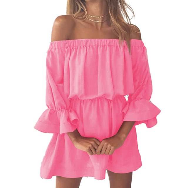 Robe pour Femme à Épaules Dénudées, Vêtement Uni, Manches à Volants, Robe d'Automne, Rose, P