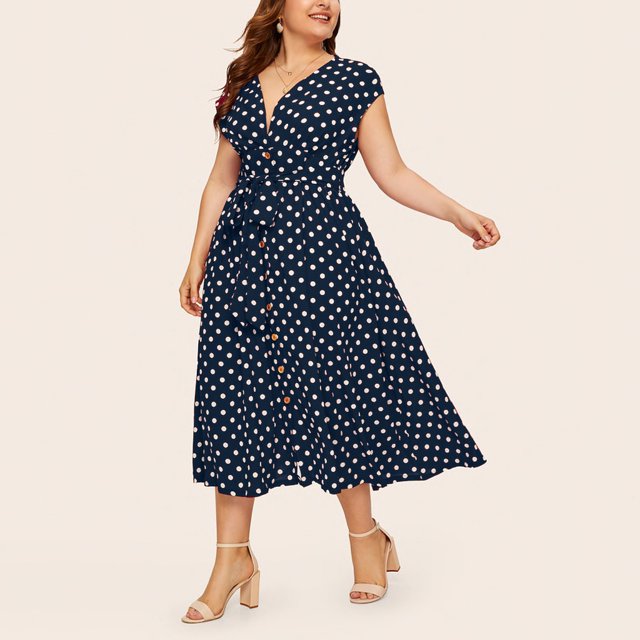 LSLJS Women's Casual Plus Size V-neck Sleeveless Polka Printed Button Belt Dress