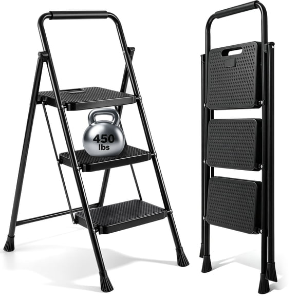 PhiloDeco 3 Step Ladder , 450lbs Folding Tread Stool with Auto-Lock, Ultra-Thin Portable, Iron ladders for home, office.Rustproof & Multi-Purpose, Fold ladders,No Assembly Needed