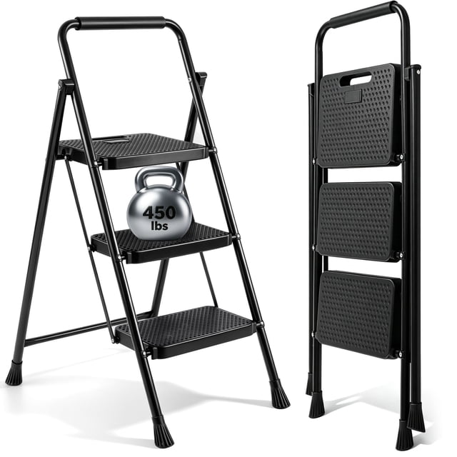 PhiloDeco 3 Step Ladder , 450lbs Folding Tread Stool with Auto-Lock, Ultra-Thin Portable, Iron ladders for home, office.Rustproof & Multi-Purpose, Fold ladders,No Assembly Needed