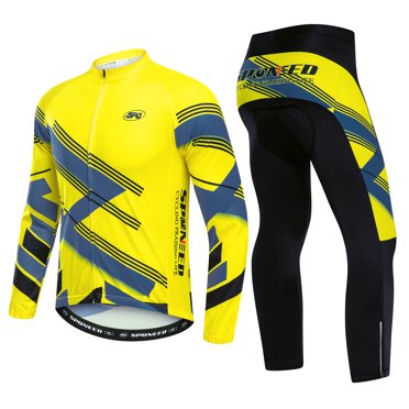 Sponeed Cycling Jersey Set for Men Long Sleeve Biking Outfit MTB Pants 4D Padded Yellow S