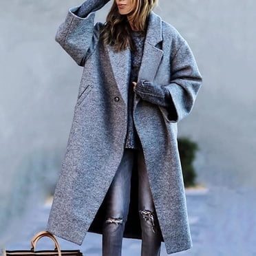 WRKEKC Women's Beltless Wool Blend Coat Notch Lapel Relaxed Fit Long Trench Office Ready Fall Winter Timeless Outerwear Gray XL