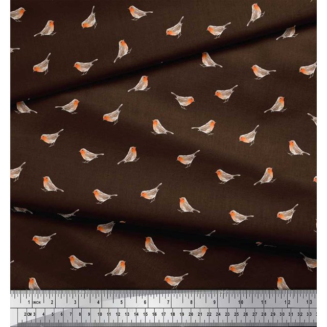 Soimoi Brown Poly Georgette Fabric American Robin Bird Decor Fabric Printed BTY 52 Inch Wide