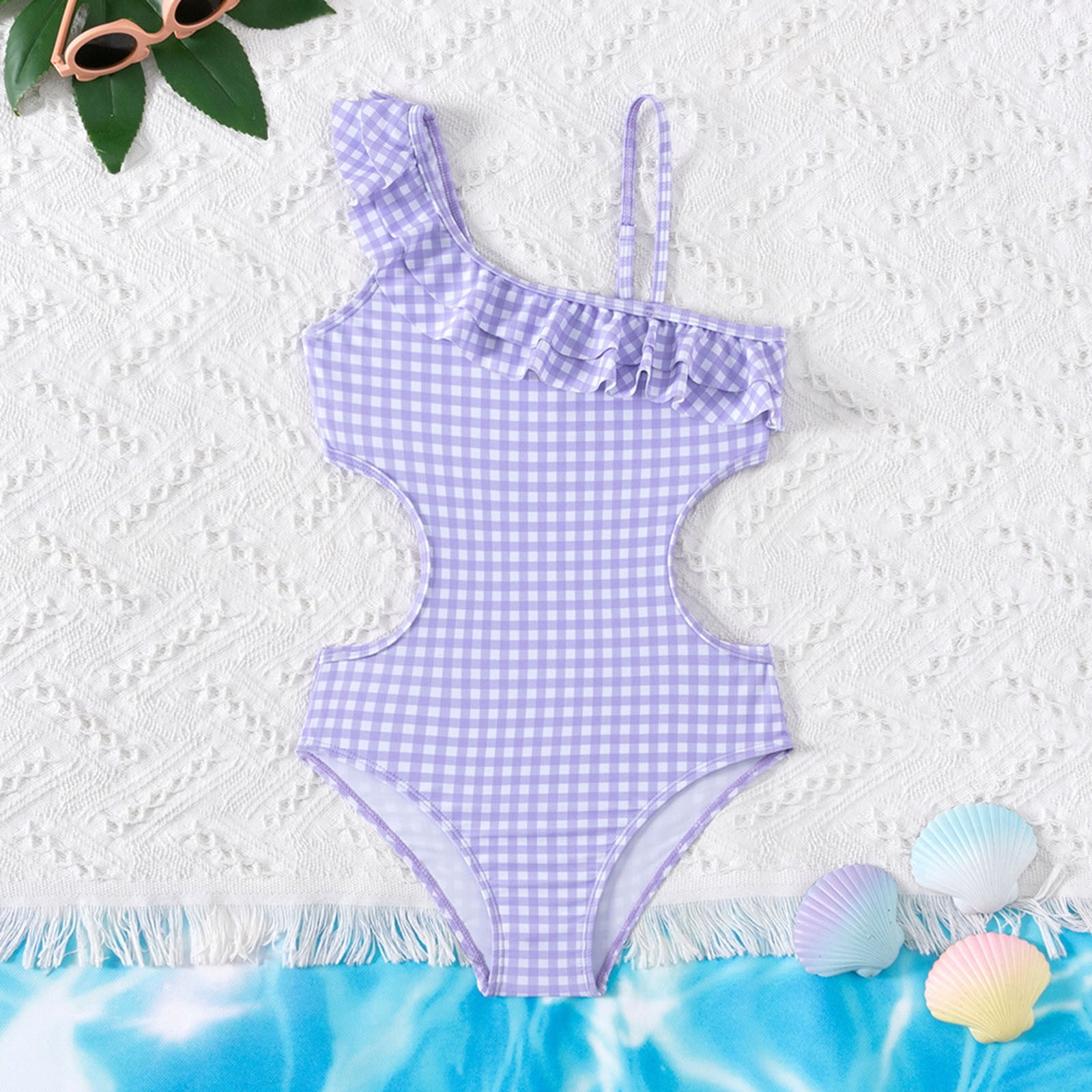 Girl Swimsuits One Piece Bathing Suits Sleeveless Flounce Printed Summer Bathing Suits 11-12 Years