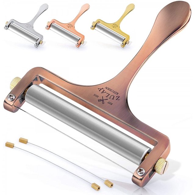 Cheese Slicer With Wire and Adjustable Thickness - Heavy Duty Stainless Steel - 2 Extra Wires Included-Copper