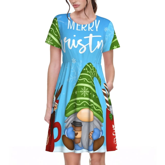 Vsdgher Joyeux Noël Gnome pour Femmes Été 2025 Décontracté Robes Midi Maxi Légères Manches Courtes Col Rond Robe de Plage