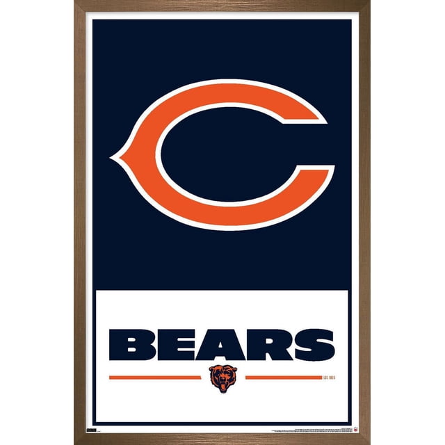 NFL Chicago Bears - Logo 21 Wall Poster, 22.375" x 34" framed, displaying a centered orange 'C' logo outlined in white on a navy blue background above bold navy 'BEARS' text with an orange bear head emblem below, all set in a brown wood frame, suitable for home décor and sports-themed rooms, and often used to enhance party decorations.