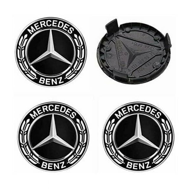 Mercedes Benz 75mm ABS Hub Caps - 4 Pieces Wheel Center Caps. A set of four black and silver hub caps featuring the Mercedes Benz logo with a 75mm diameter. Made from durable aluminum alloy and ABS plastic, these caps are designed as direct replacements for worn or old center wheel caps. The image shows three front-facing caps and one rear view displaying the secure attachment design. Suitable for Mercedes Benz vehicles, these caps include a protective film for scratch resistance and easy installation.