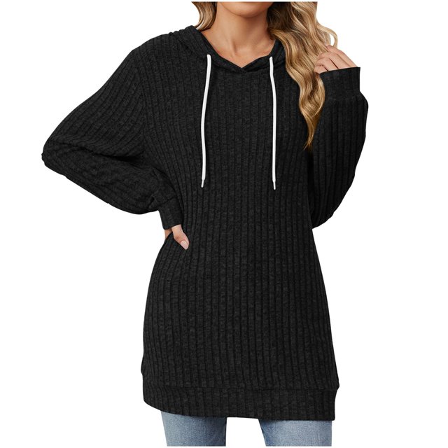 MeetoTime Long Sleeve Hoodie for Women Fall Comfy Stretch Knit Ribbed Hooded Pullover Tunic Tops