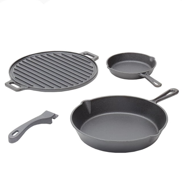 Home Basics Ensemble de Cuisson en Fonte 4 Pcs avec Poêlons de 6 Po et 10,5 Po, Plaque Ronde Réversible de 11 Po avec Côtés Plats et Nervurés, et Poignée Amovible, Toutes en Fonte Préassaisonnées Idéales pour Frire, Griller et Saisir.