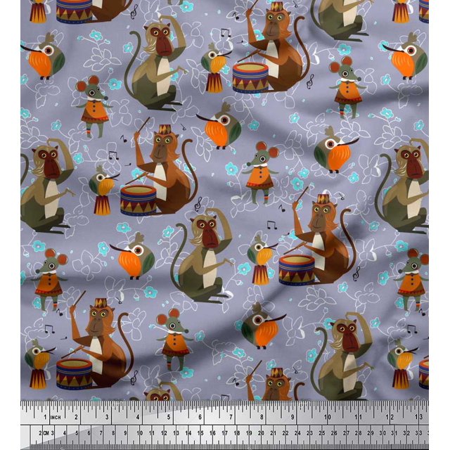 Soimoi Tissu Satin Modal Instruments de Musique, Monkey & Rat Tissu Imprimé Dessin Animé au Mètre 42 Pouces de Large