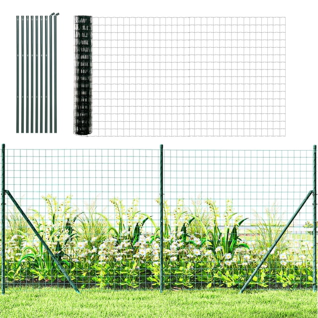 Outsunny Garden Fence Barrier, Welded Fence Roll Plastic-Coated Steel Green 32.8' L x 6.6' H — welded green plastic-coated steel roll with 2.9" x 2.5" mesh, includes posts and support braces (posts 1.3" dia x 78.7"/200 cm), rollable for storage; suitable for marking property limits, garden borders or temporary pet enclosures.