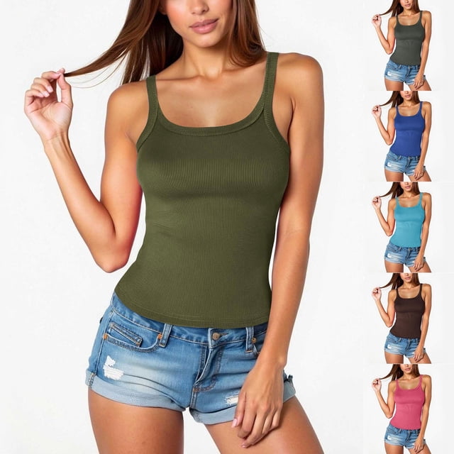 HVOBTTY Womens Summer Classic Beach Plus Size Fashion Solid Color Sleeveless U Neck Slim Soft Breathable Comfy Versatile Daily Basic Tank Top Blue ,S