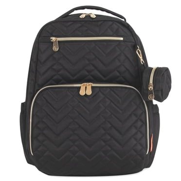 Fisher-Price Morgan Chevron Quilted Multi-Pocket Diaper Bag Backpack with 6-Ply Matching Changing Pad, Insulated Bottle Pocket, Tablet Pocket, Stroller Straps and Paci Pouch in Black