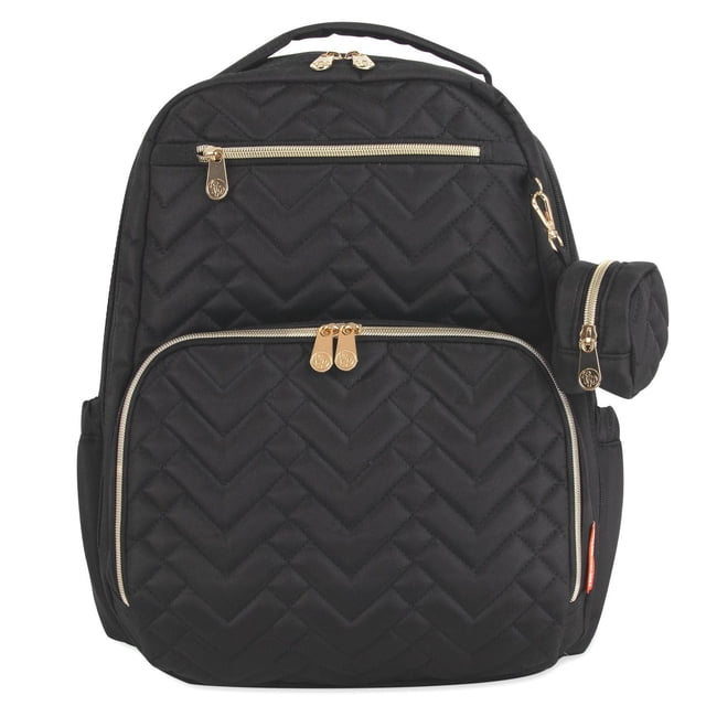 Fisher-Price Sac à Dos à Couches Matelassé à Chevrons Morgan à Multiples Poches avec Matelas à Langer Assorti 6 Plis, Poche pour Bouteille Isolée, Poche pour Tablette, Sangles pour Poussette et Pochette Paci en Noir. Sac à Dos Matelassé à Chevrons Orienté vers l'Avant avec 12 Poches Incluant Trois Compartiments de Bouteille en Maille Isolés et une Poche avant Isolée à Fermeture Éclair, Poche Intérieure Rembourrée pour Tablette, Matelas à Langer Assorti 6 Plis Lavable à l'Essuie-tout, Poignée Supérieure de Transport, Sangles de Poussette à Boucle, Dos en Maille Respirante Rembourrée et Bretelles d'Épaule Ajustables; Mesure 17 Pouces