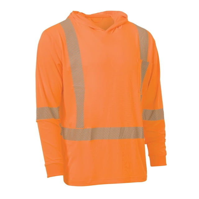 Forcefield Hooded Long Sleeve Ultrasoft Technical Tee in bright orange with segmented reflective safety tape on torso, sleeves, and shoulders, made of lightweight polyester with a stretchy athletic fit and hood for sun protection, suitable as workwear tops.