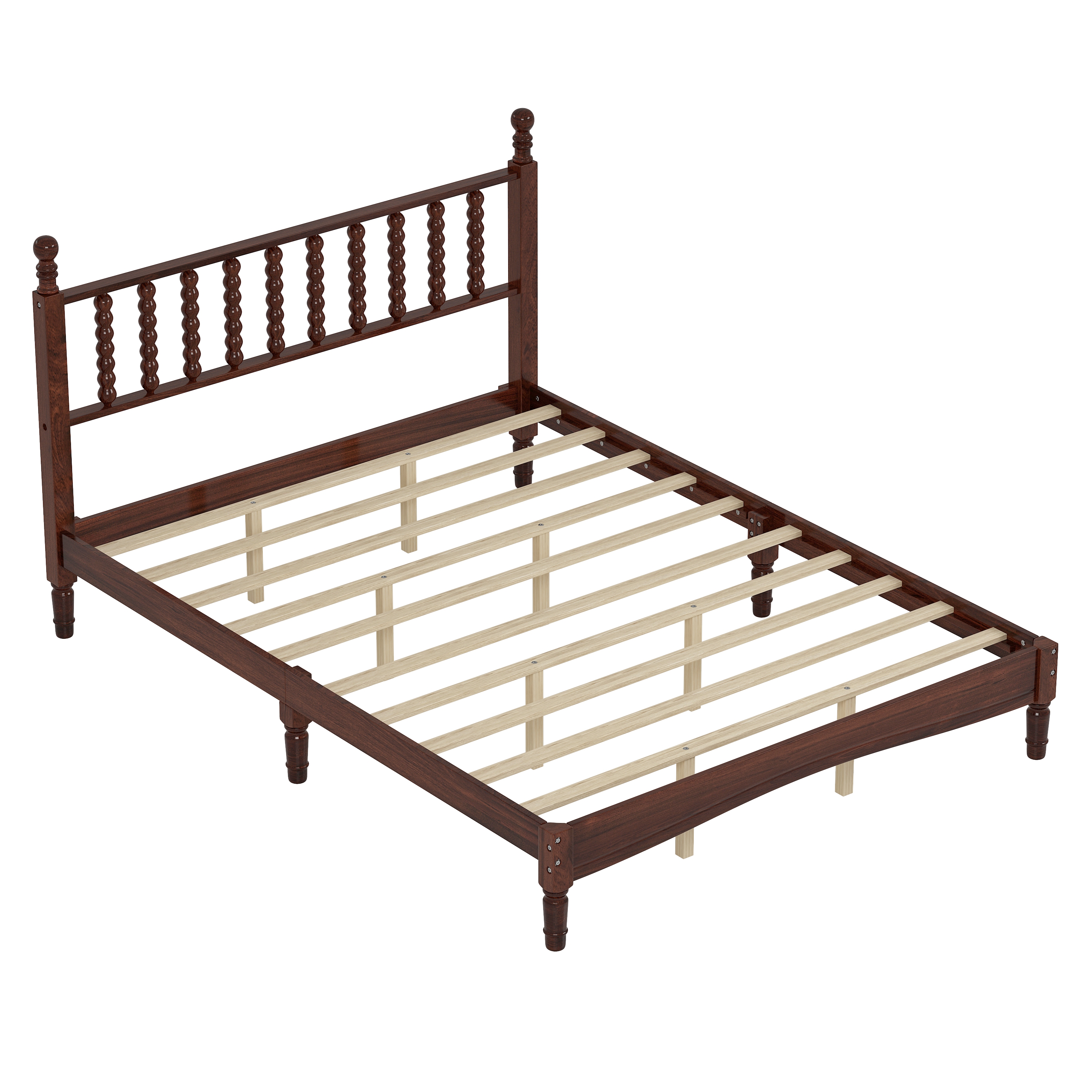 Noble House Queen Gourd Headboard Platform Bed,Wood Slat Support Retro Style Platform Bed,Walnut