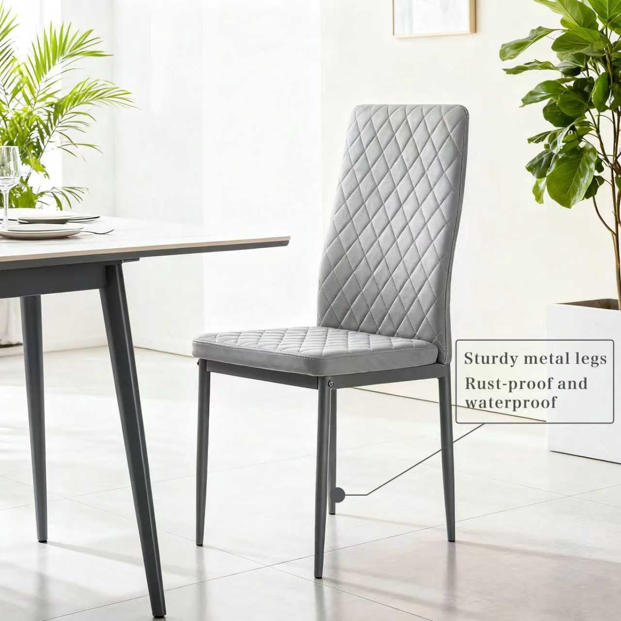 Noble House Ensemble de 4 Chaises de Salle à Manger Modernes, Revêtement en Cuir Ignifuge avec Motif à Carreaux en Diamant et Cadre en Métal, Gris