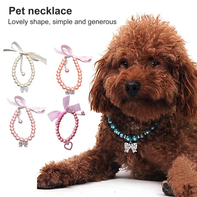 HEVIRGO Collier pour Chien Incrusté de Strass Nœud Pendentif Habillage Réglable Mode Collier de Perles Fausses pour Festival de Printemps, Bleu S