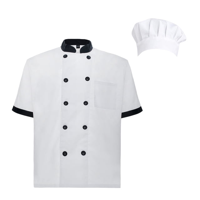 TopTie Unisex Short Sleeve Cooking Chef Coat Jacket with Adjustable Hat-Black White-S