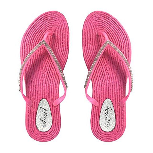 Peach Couture Womens Rope Sole Rhinestone Beaded Casual Sandals Flats Flip Flops Pink 6 B(M) US