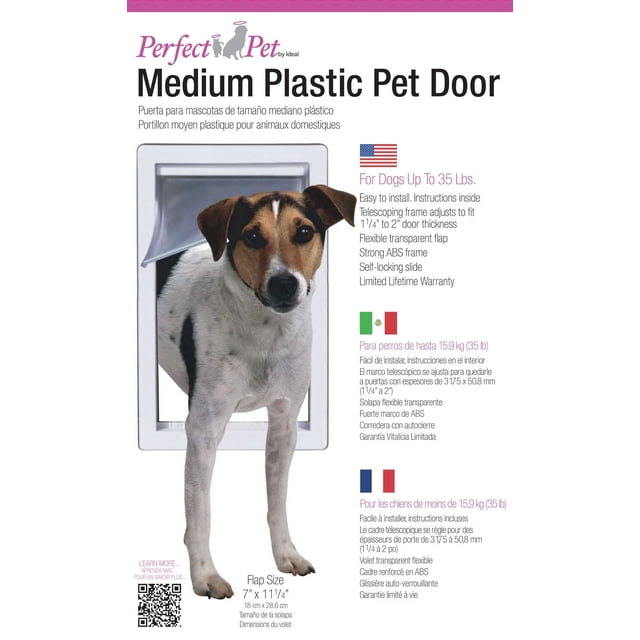 Perfect Pet Medium Plastic Pet Door with a white telescoping frame and clear flexible flap installed in a door, showing a medium-sized dog standing through it. Designed for dogs up to 35 lbs, it fits door thicknesses from 1 1/4 to 2 inches and features a strong ABS frame, self-locking slide, and easy installation. Flap size is 7 by 11 1/4 inches (18 cm by 28.6 cm).