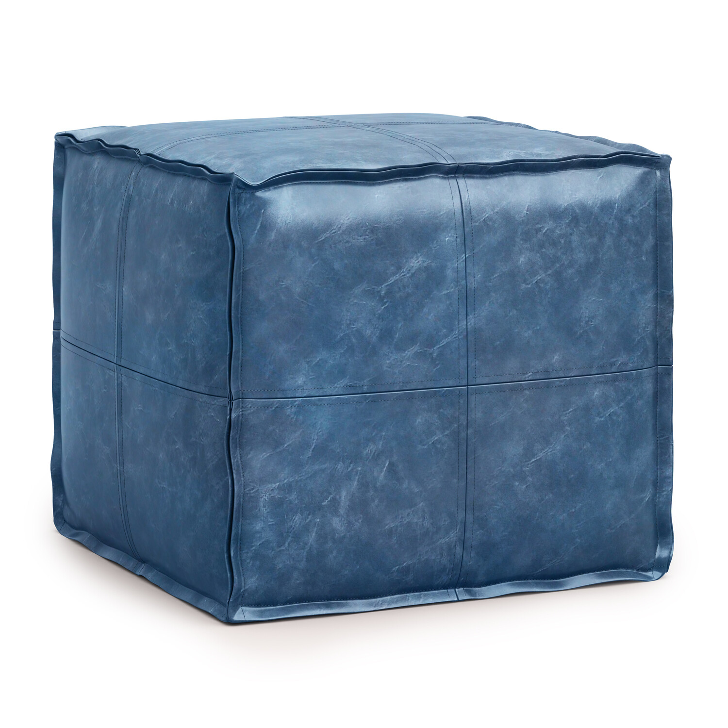 SIMPLIHOME Brody Square Pouf, Footstool, Upholstered in Distressed Blue Faux Leather, for the Living Room, Bedroom and Kids Room, Transitional, Modern