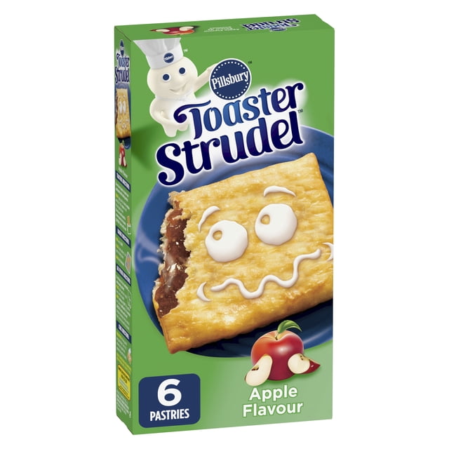 Pillsbury Toaster Strudel Boîte de Pâtisseries aux Pommes Contenant six Pâtisseries Déjeuner Surgelées avec une Croûte Brun Doré et un Glaçage Blanc en une face sur une Assiette Bleue, Affichées sur un Fond Vert avec un Graphique de Pomme, Convient pour un Déjeuner Rapide et Facile.