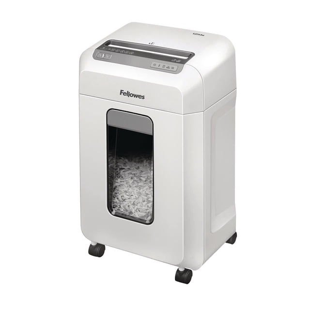 Microshred 12Ms Micro-Cut Shredder by Fellowes, a white deskside shredder with a 6-gallon pull-out bin visible through a front window filled with micro-cut shredded paper, featuring a top feed slot and control panel, ideal for secure shredding of up to 12 sheets including staples and credit cards.