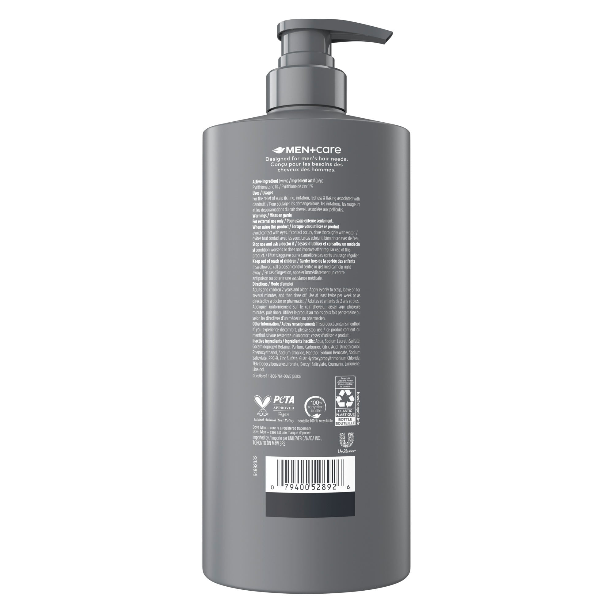 Dove Men+Care Shampooing Antipelliculaire 2-en-1 avec Pyrithione de Zinc, 828 ml