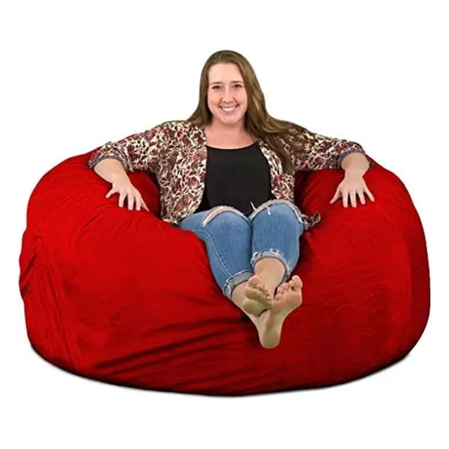 Ultimate Sack 5ft Foam Filled Washable Suede Covered Bean Bag Chair in red, featuring a large, plush design with durable double-stitched suede cover. Pre-filled with 100% shredded polyurethane memory foam for comfort, it includes a removable, machine-washable cover, a strong #10 zipper with child safety lock, and an interior liner to secure the filling. Measuring 58 inches wide and 34 inches tall when fully fluffed, this cozy seating option is ideal for kids' rooms or casual spaces.