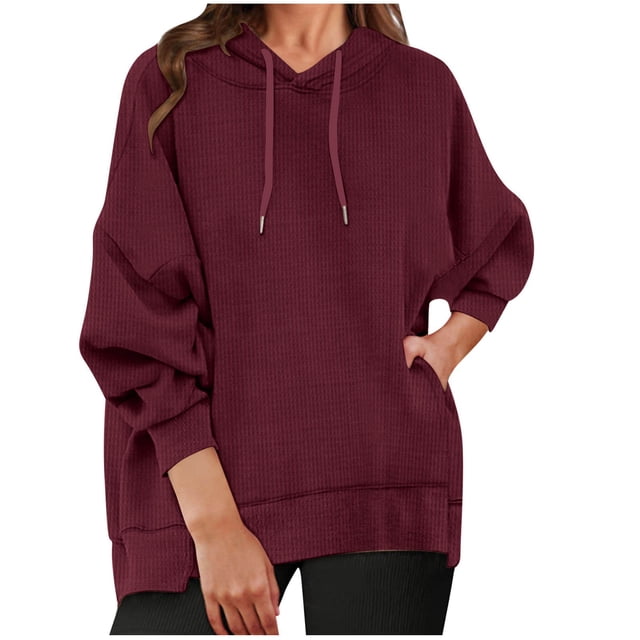 Pisexur Womens Hoodies Solid Color Hooded Sweatshirt Casual Drawstring Oversized Hoodie Fashion Loose Ribbed Fall Tops Pullover Tops with Pocket