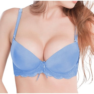 Womens Underwire Bralettes Push Up Demi D Cup Sexy Bras Lace Seamless Comfortable Supportive Lifting Bras Blue, 40/90D