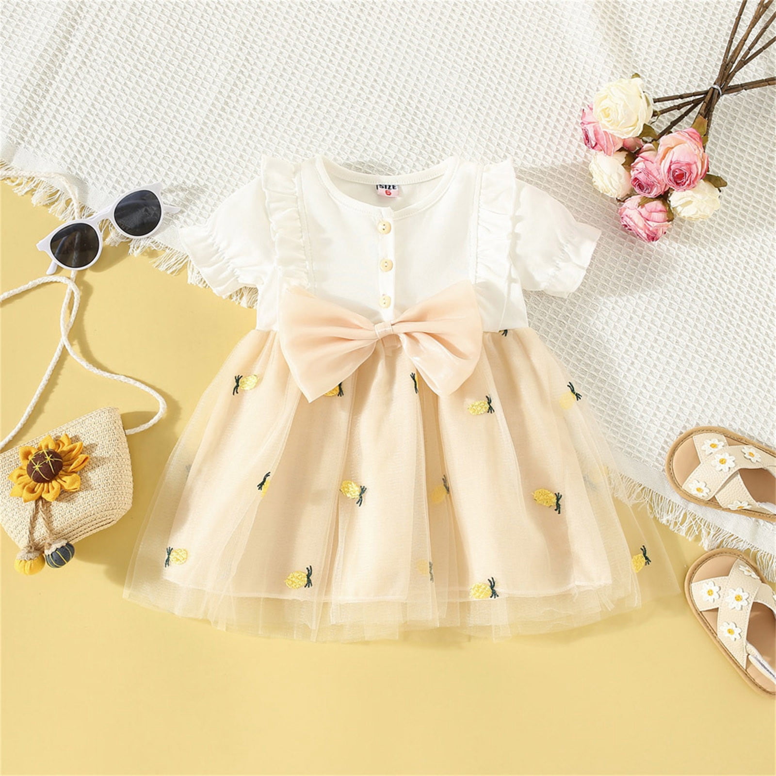 SXcggal One Robe Princesse pour Tout-Petites Filles à Manches Courtes avec Nœud, Imprimés de Fruits, Robe de Danse, Robes de Fête, Vêtements, Belle, Respirante, Mignonne, Robe pour Fille