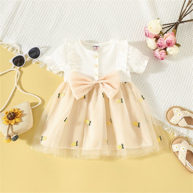SXcggal One Robe Princesse pour Tout-Petites Filles à Manches Courtes avec Nœud, Imprimés de Fruits, Robe de Danse, Robes de Fête, Vêtements, Belle, Respirante, Mignonne, Robe pour Fille
