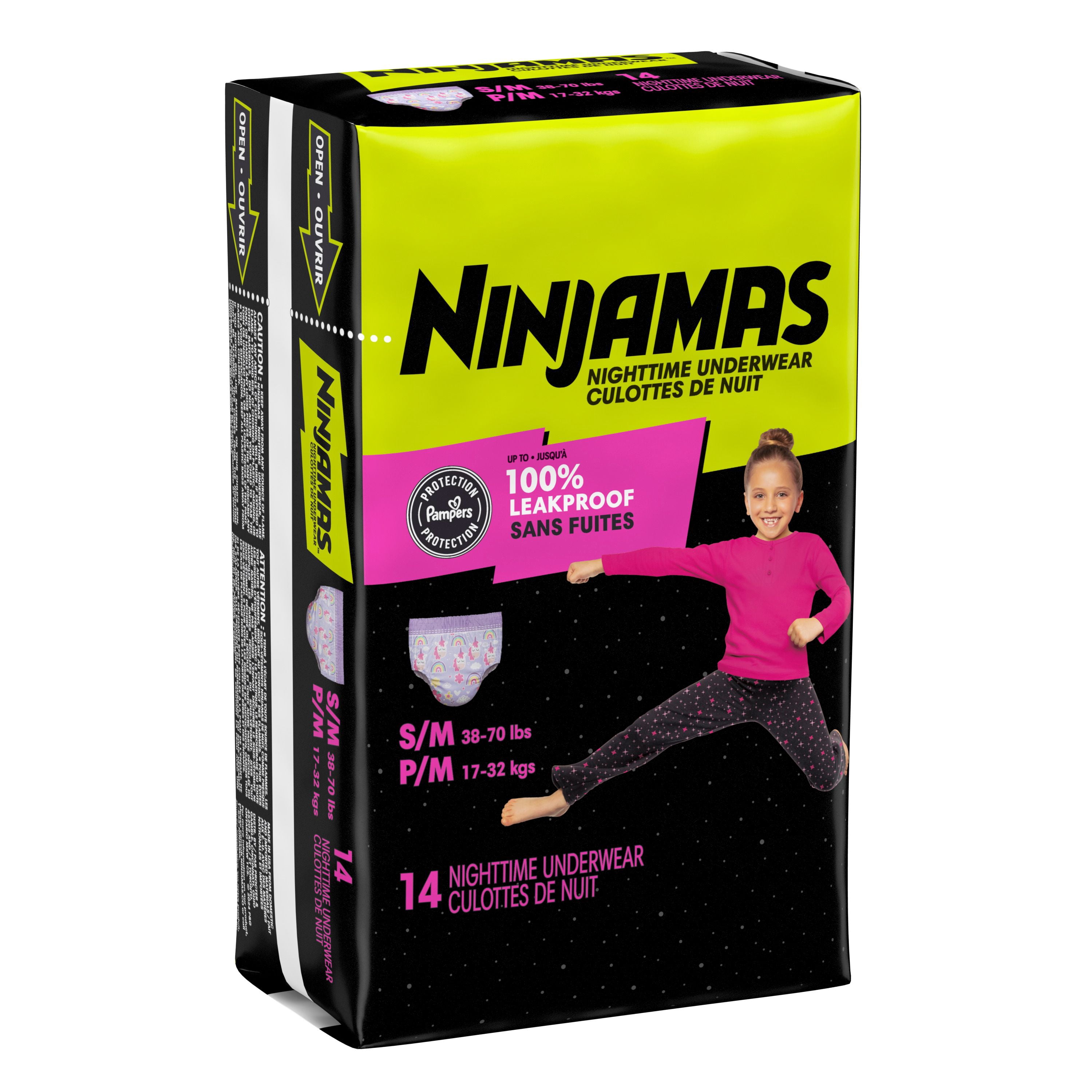 Sous-vêtements de nuit pour l’énurésie Ninjamas pour filles, taille P/M (17 à [38 à 70 lb])