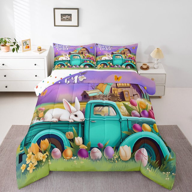 Erosebridal Happy Easter Bedding Twin Comforter Set for Kids,Rabbit Eggs Flower Down Comforter,Animal Bedroom Decor,Reversible,Lightweight,2-Piece