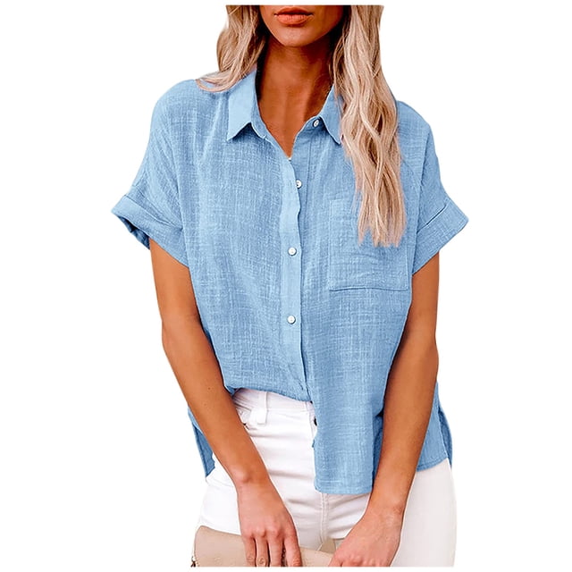 Dealovy Plus Size Womens Button down Shirts Cotton Linen Rolled Short Sleeve Loose Casual Work Blouses
