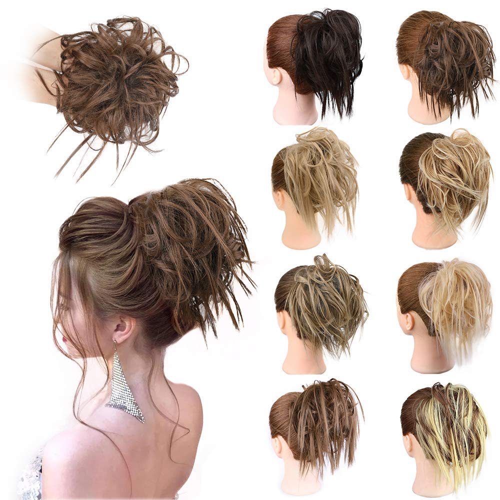 Chignon Désordonné Pièce de Cheveux Extension de Cheveux avec Bande Élastique Chignon Ondulé Extensions de Cheveux Synthétiques Chouchous Chignons Postiche pour Femmes