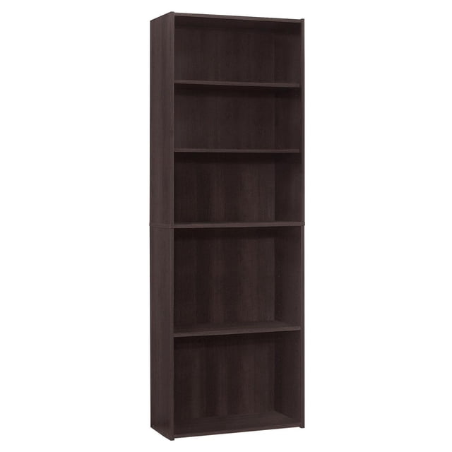 Monarch Specialties Bookshelf, Bookcase, 6 Tier, 72"h, Office, Bedroom, Laminate, Brown, Transitional style tall bookcase with six shelves, including three adjustable and three fixed, in dark brown laminate finish, ideal for organizing books, decor, or office items with tipping hardware for wall safety.
